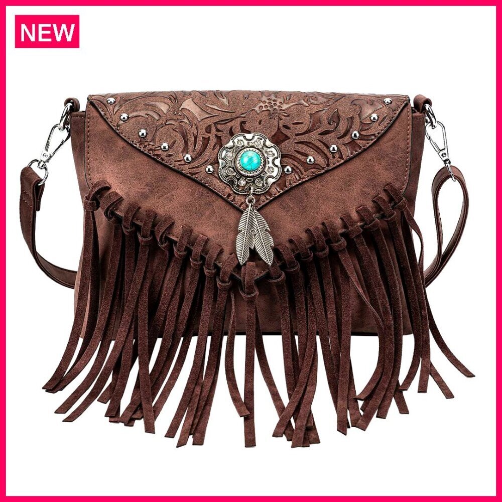 Small Fringe Crossbody Bag with Tassel Concho Detail Adjustable Strap